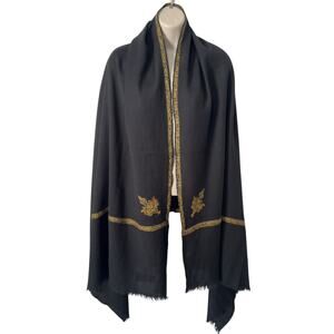 Pure New Wool Woolmark Bordered Sozni Hand Embroidered Black Wrap Shawl Centex